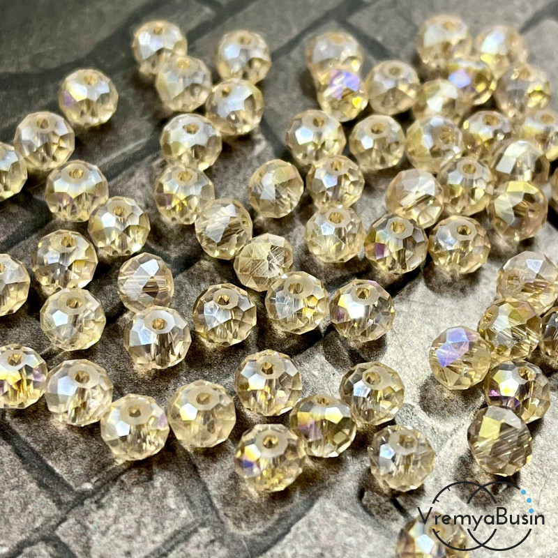 Бусины-рондели из граненого стекла, цв. Бежевый с АБ переливом, размер 6 мм (упак. 10  шт.)