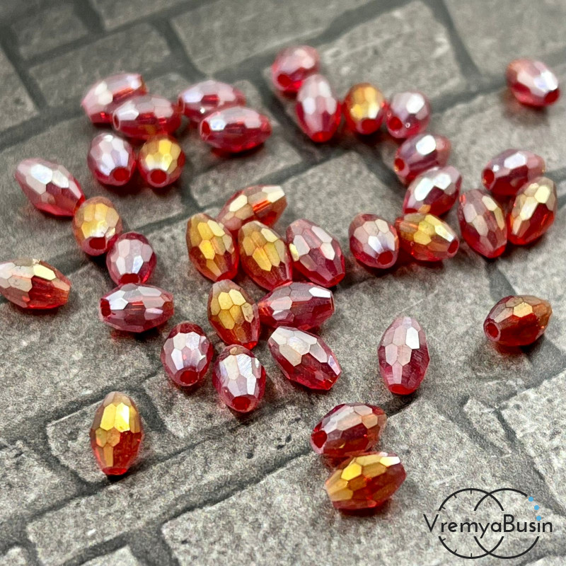 Бусины из стекла граненые, рис 4х6 мм, цв. красный с АБ переливом (упак. 20 шт.)