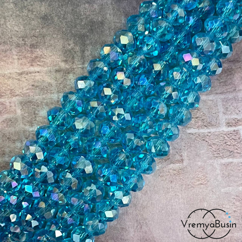 Бусины-рондели из граненого стекла, цв.    бирюзовый с АБ переливом, размер 8 мм   (нить, ок. 65  шт.)