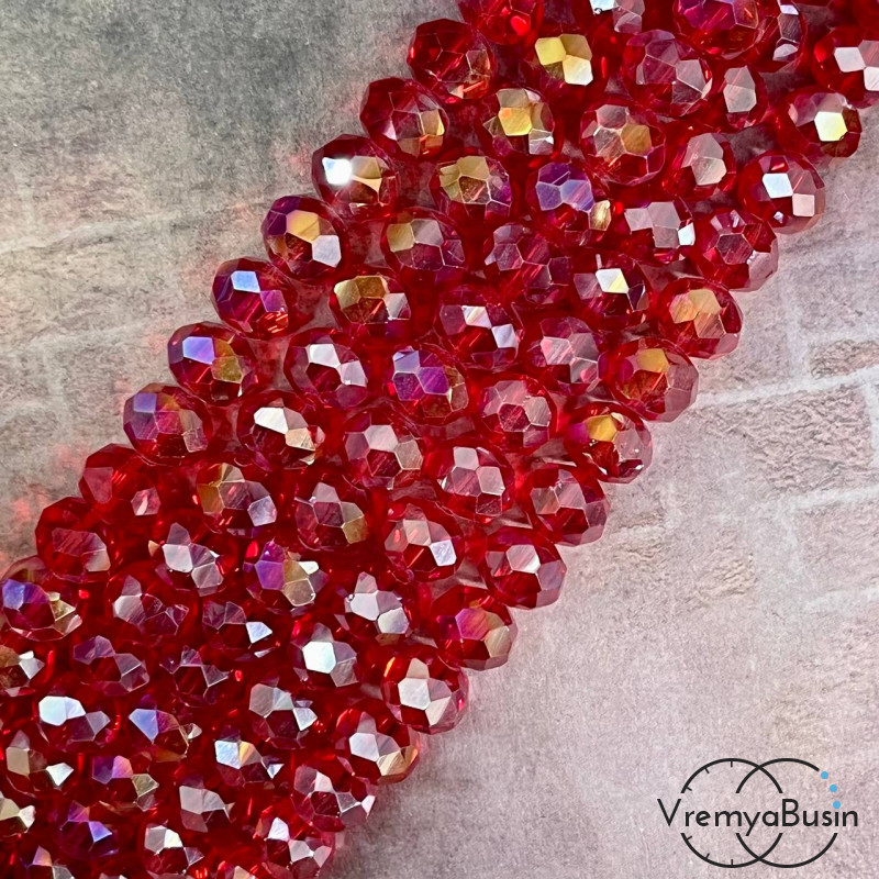 Бусины-рондели из граненого стекла, цв.   вишневый с АБ переливом, размер 8 мм   (нить, ок. 65  шт.)