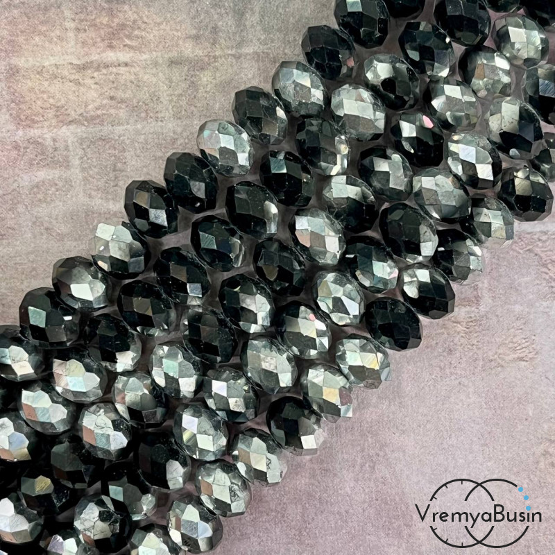Бусины-рондели из граненого стекла, цв.   черно-серебряный, размер 8 мм  (нить, ок. 65  шт.)