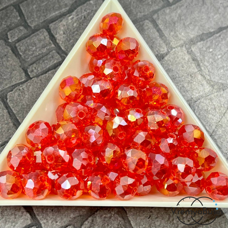 Бусины-рондели из граненого стекла, цвет АЛЫЙ с АБ переливом, размер 8 мм  (упак. 10 шт.)