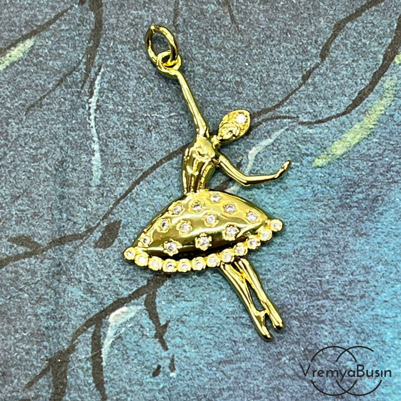 Подвеска "Балерина", 20х35 мм, из латуни с позолотой и фианитами  (1 шт.)
