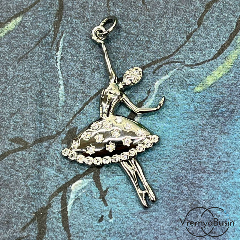 Подвеска "Балерина", 20х35 мм, из латуни с родиевым покрытием и фианитами  (1 шт.)