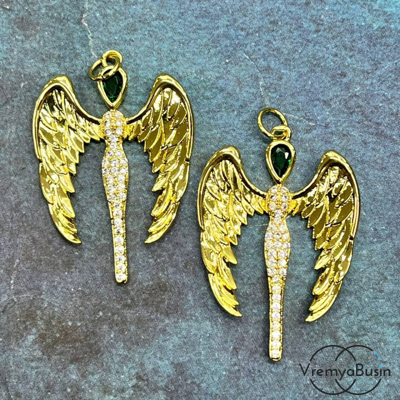 Подвеска "Ангел", 22х32 мм, из латуни с позолотой и фианитами  (1 шт.)