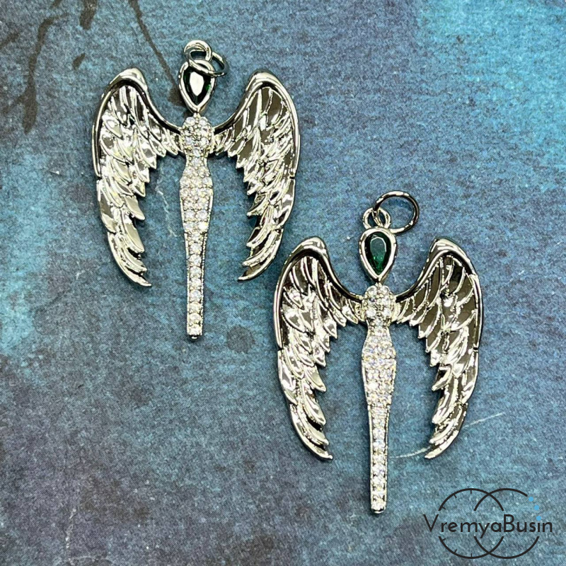 Подвеска "Ангел", 22х32 мм, из латуни с родиевым покрытием и фианитами  (1 шт.)
