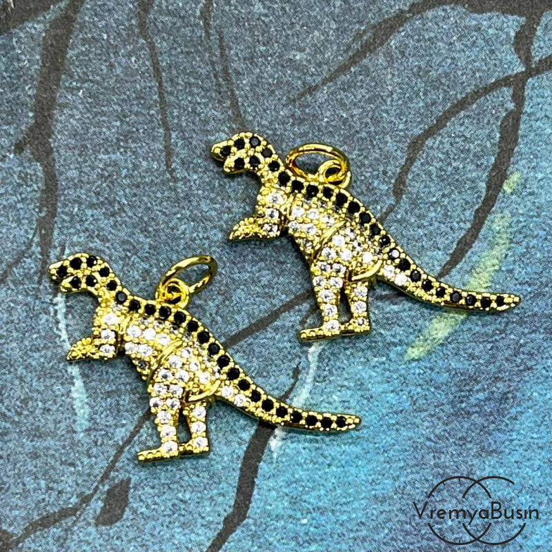 Подвеска "Динозавр", 18х22 мм, из латуни с позолотой и фианитами  (1 шт.)