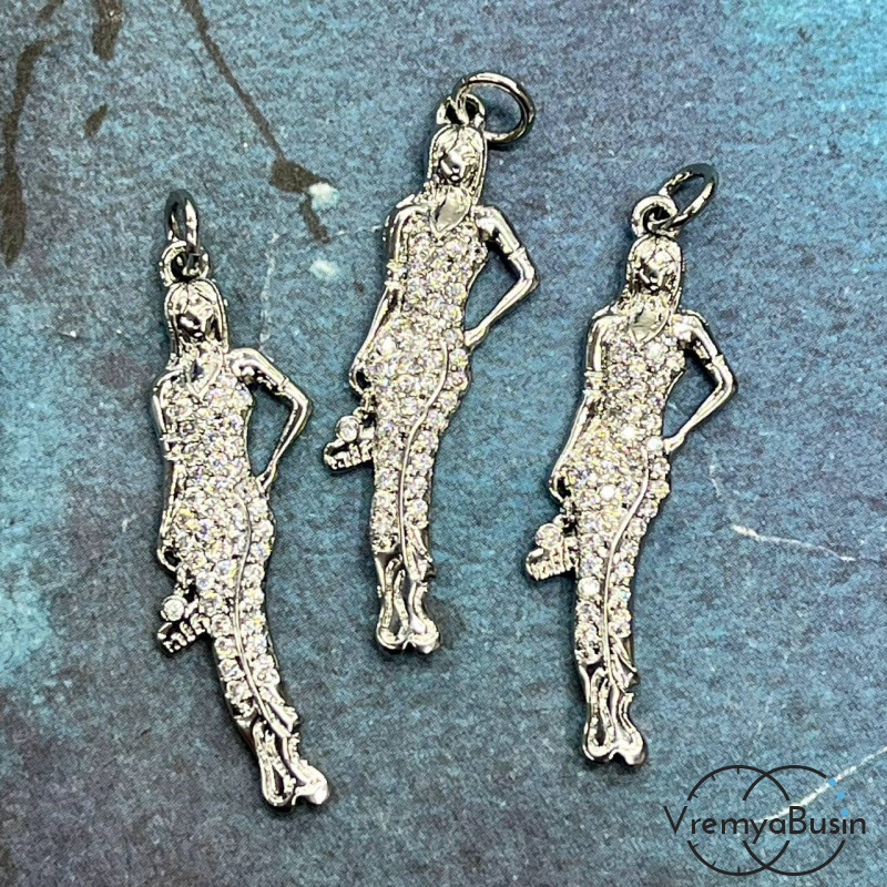 Подвеска "Леди", 10х32 мм, из латуни с родиевым покрытием и фианитами  (1 шт.)