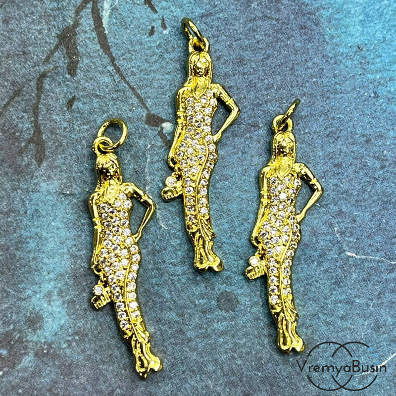 Подвеска "Леди", 10х32 мм, из латуни с позолотой и фианитами  (1 шт.)