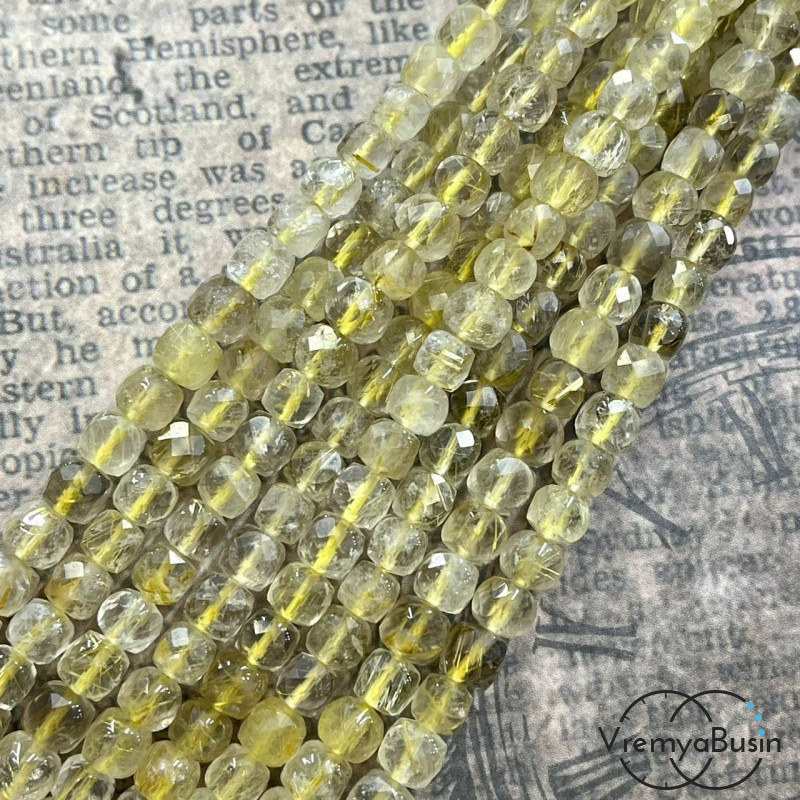 Рутиловый кварц, солнечный волосатик, кубик с ювелирной огранкой,   6х6    мм (1/2 нити, ок.   32    шт.)