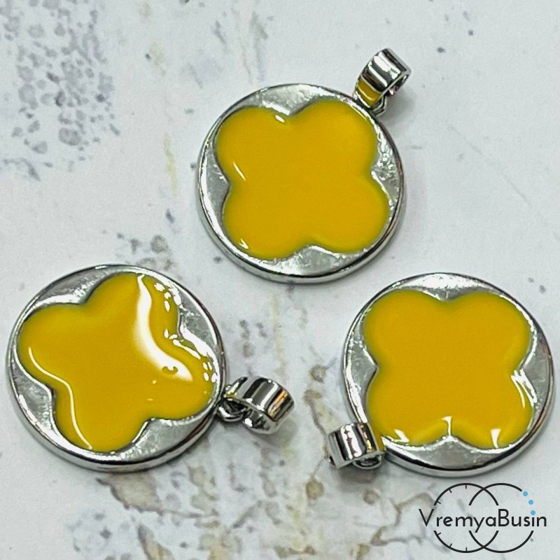 Подвеска с эмалью, медальон клевер 16 мм, латунь с родиевым покрытием (1 шт.)