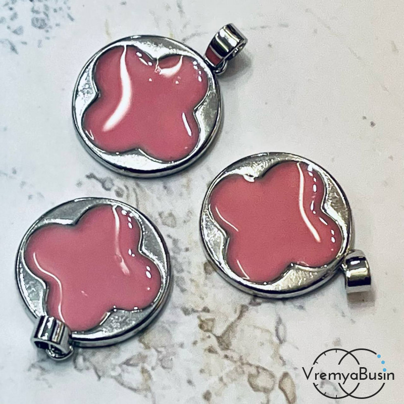 Подвеска с эмалью, медальон клевер 16 мм, латунь с родиевым покрытием (1 шт.)