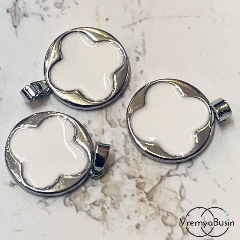 Подвеска с эмалью, медальон клевер 16 мм, латунь с родиевым покрытием (1 шт.)