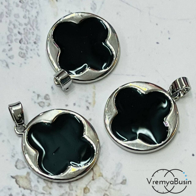 Подвеска с эмалью, медальон клевер 16 мм, латунь с родиевым покрытием (1 шт.)