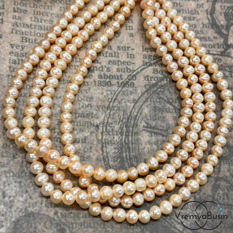 Жемчуг натуральный речной, округлый, цв. кремовый, ок. 5 мм (нить, ок. 40 см.)