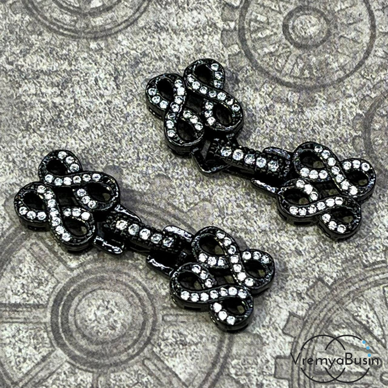 Замок для украшений, латунь с черным родиевым покрытием и фианитами (1 шт.)