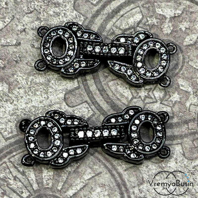 Замок для украшений, латунь с черным родиевым покрытием и фианитами (1 шт.)