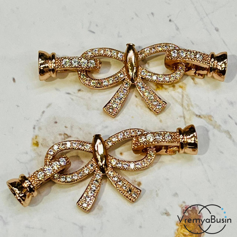 Замок для украшений, латунь с розовой позолотой и фианитами (1 шт.)