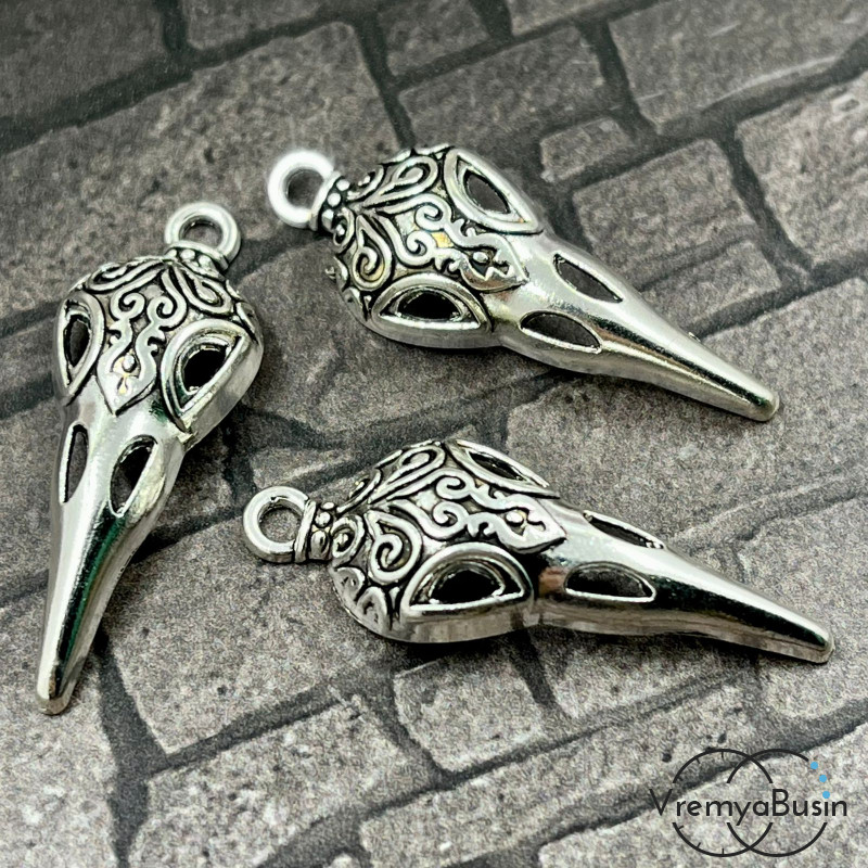 Череп птицы, подвеска металл., 12х35 мм,  цв. серебро (1 шт.)
