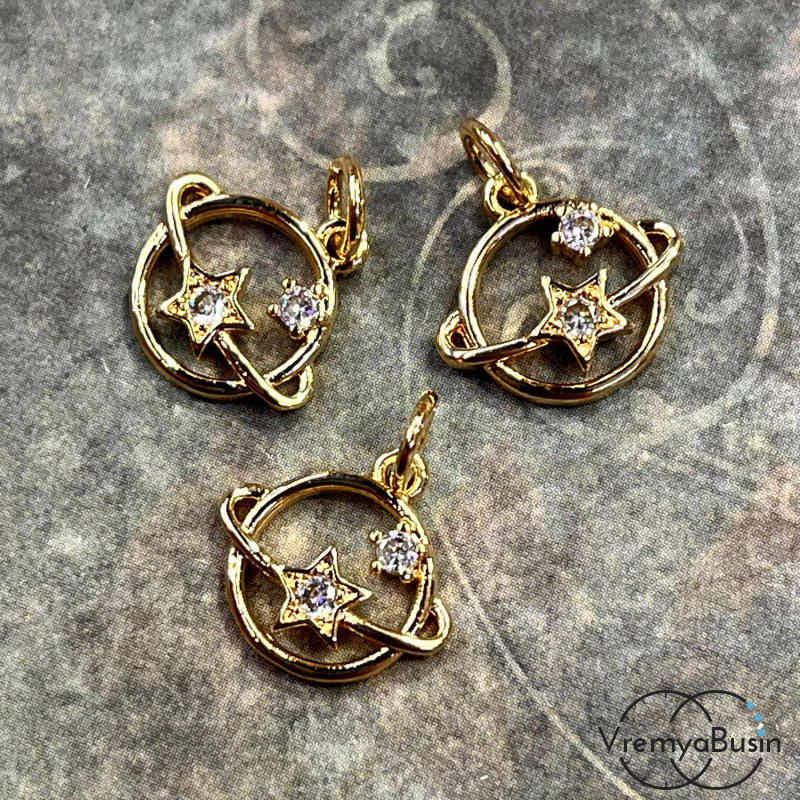 Подвеска из латуни "Планета", 12 мм,  с позолотой и фианитами (1 шт.)