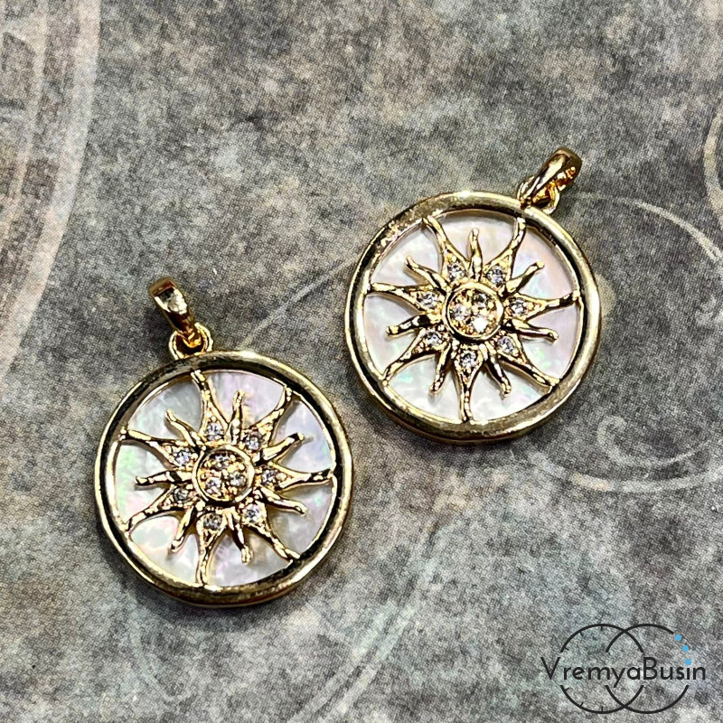 Подвеска с перламутром "Солнце", 15 мм, латунь с позолотой (1 шт.)