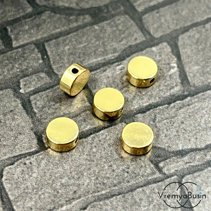 Бусины разделители, таблетка 6х3 мм, латунь с позолотой (упак. 5 шт.)