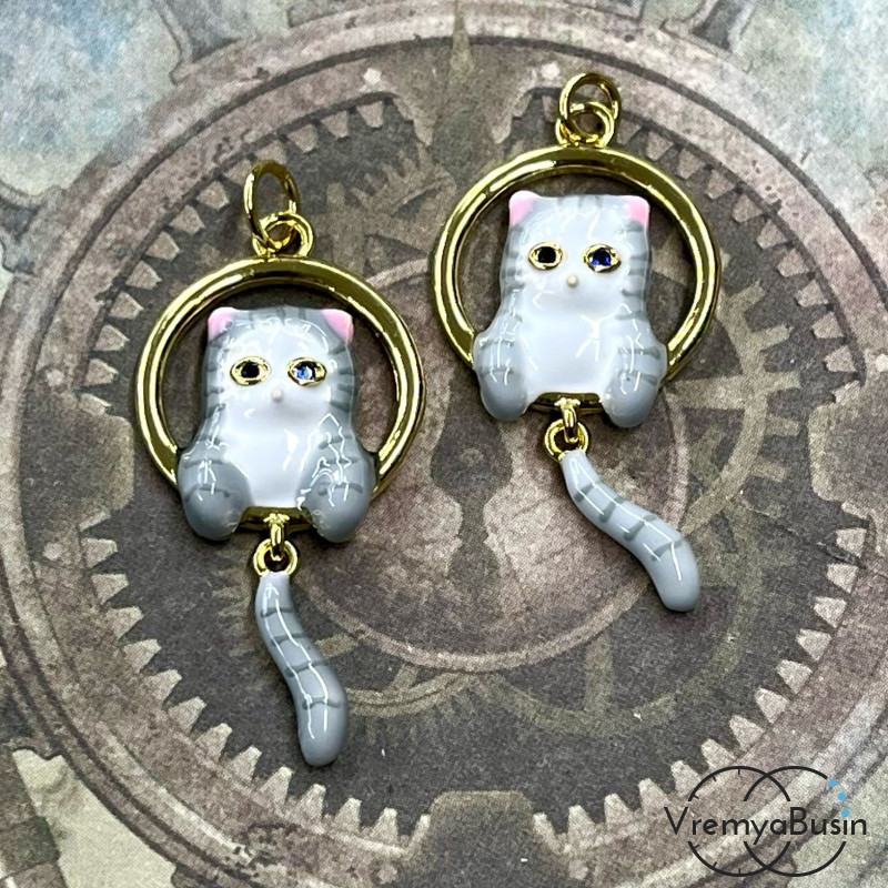 Подвеска с эмалью "Кошка", 16х30 мм, латунь с позолотой (1 шт.)