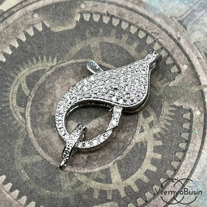 Замок-карабин  для украшений, 15х25 мм, латунь с родиевым покрытием и фианитами (1 шт.)