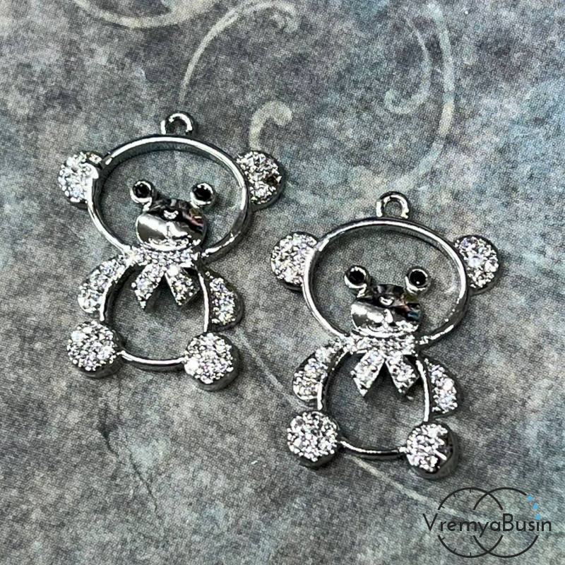 Подвеска "Мишка", 14х18 мм, из латуни с родиевым покрытием и фианитами  (1 шт.)