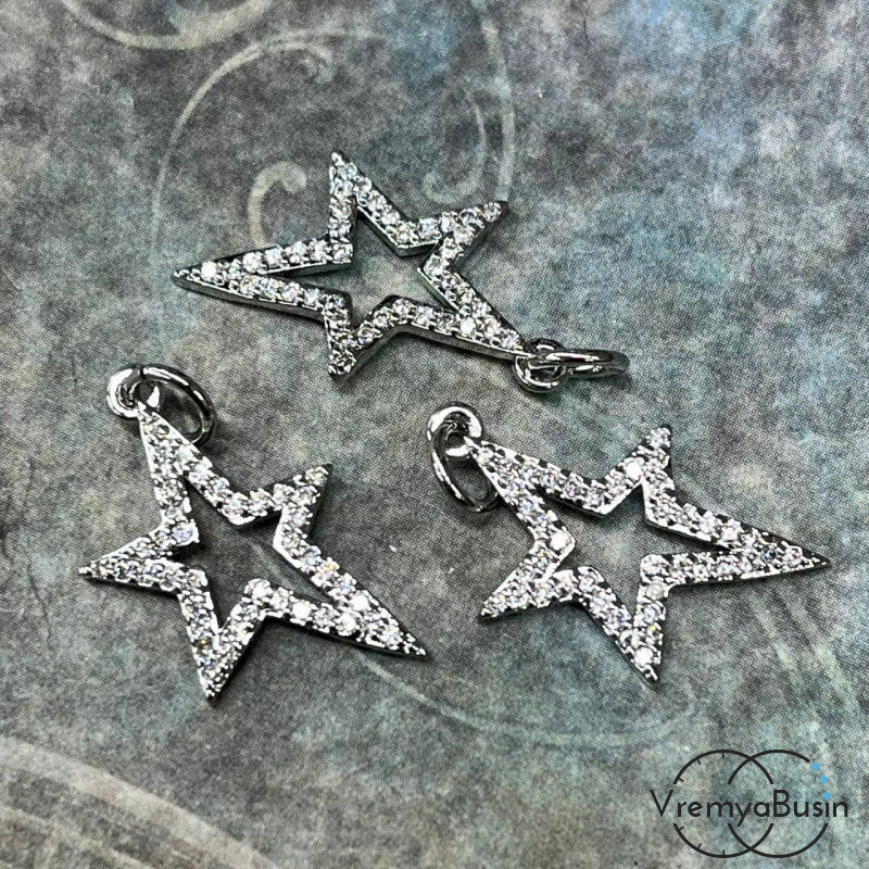 Подвеска "Звезда", 12х20 мм, из латуни с родиевым покрытием и фианитами  (1 шт.)