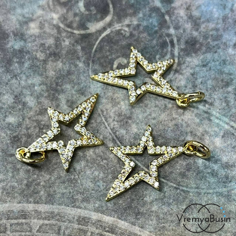 Подвеска "Звезда", 12х20 мм, из латуни с позолотой и фианитами  (1 шт.)