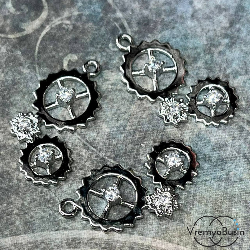 Подвеска "Шестеренки", 12х25 мм, из латуни с родиевым покрытием и фианитами  (1 шт.)