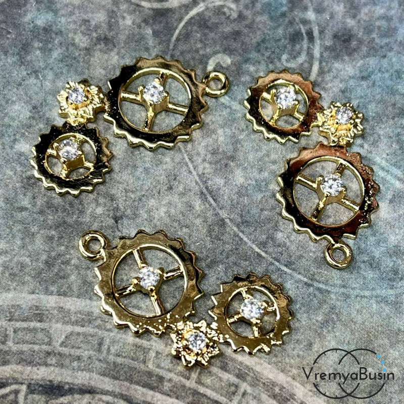 Подвеска "Шестеренки", 12х25 мм, из латуни с позолотой и фианитами  (1 шт.)