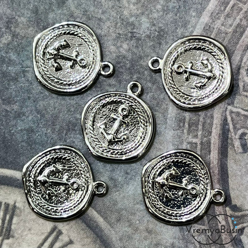 Подвеска «Монетка Якорь», 14х15 мм, из латуни с родиевым покрытием (1 шт.)