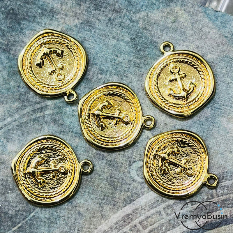 Подвеска «Монетка Якорь», 14х15 мм, из латуни с позолотой (1 шт.)