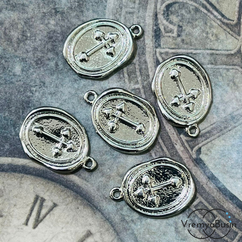 Подвеска «Монетка Крест», 12х17 мм, из латуни с родиевым покрытием (1 шт.)