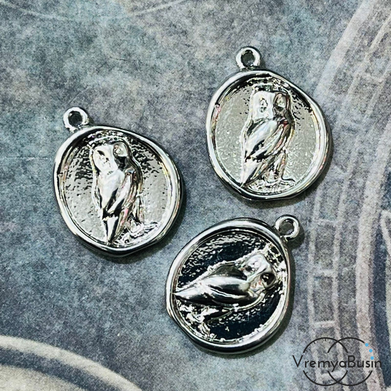 Подвеска из латуни "Монетка Сова", 12х15 мм,  с родиевым покрытием (1 шт.)