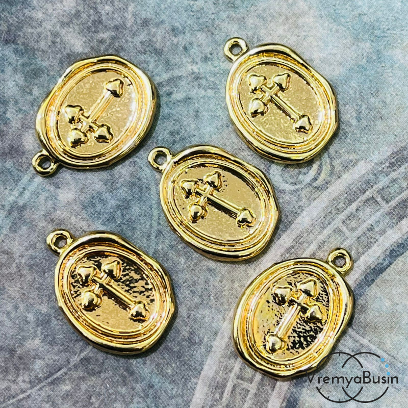 Подвеска «Монетка Крест», 12х16 мм, из латуни с позолотой (1 шт.)