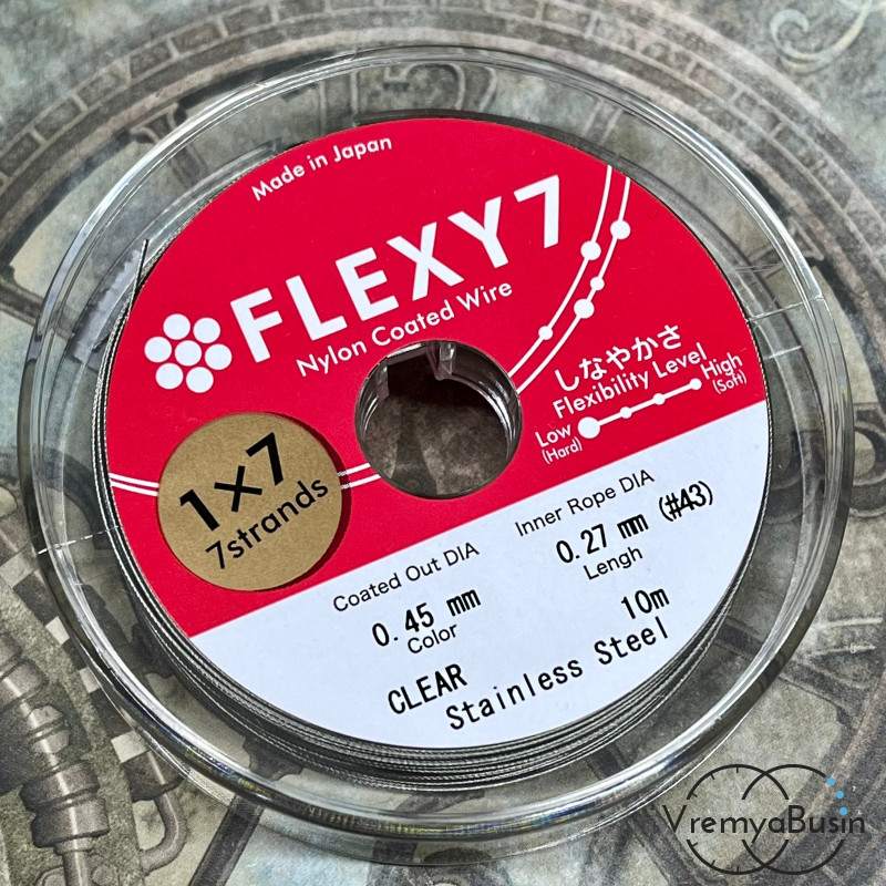Японский стальной тросик Flexy7 в нейлоновой оплетке,   0.45 мм, цв. СТАЛЬ  (катушка 10 м.)