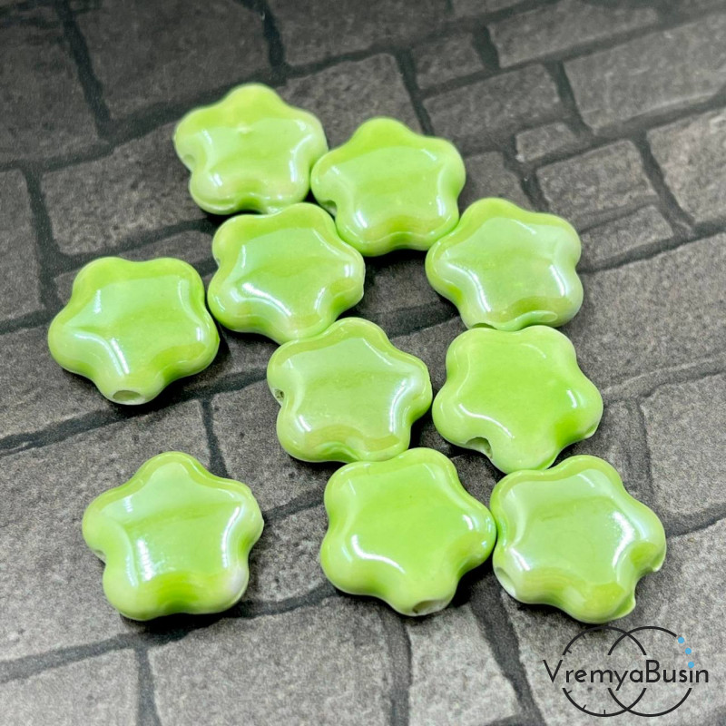 Бусины керамические "Цветочек", 14х6  мм, цв. салатовый (1   шт.)