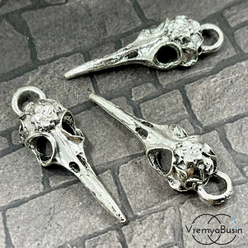 Череп птицы, подвеска металл., 13х41 мм,  цв. серебро (1 шт.)