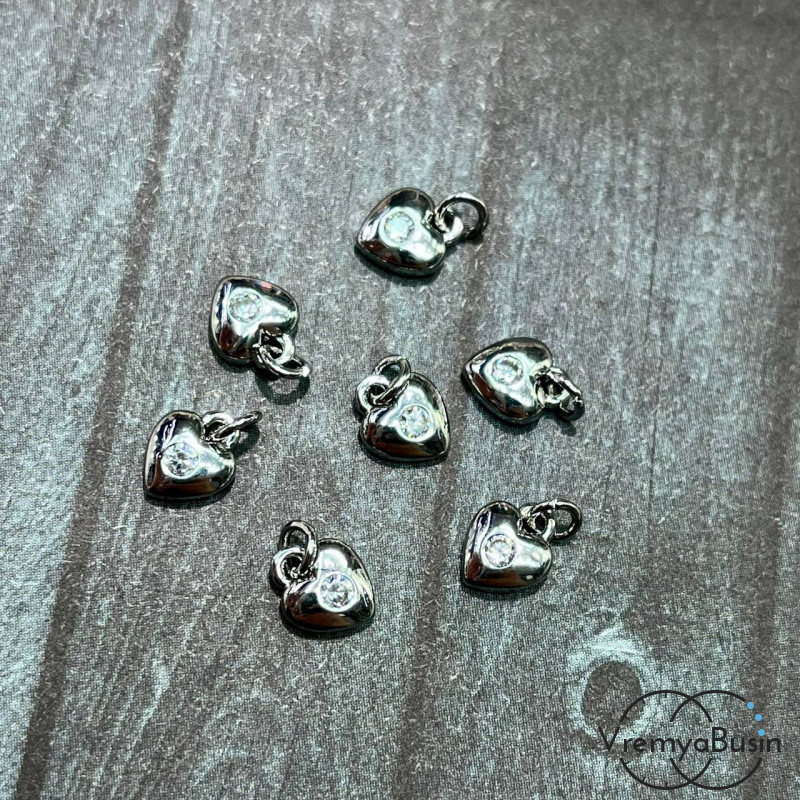 Подвеска "Сердце", 7х8 мм, из латуни с родиевым покрытием и фианитами (1 шт.)