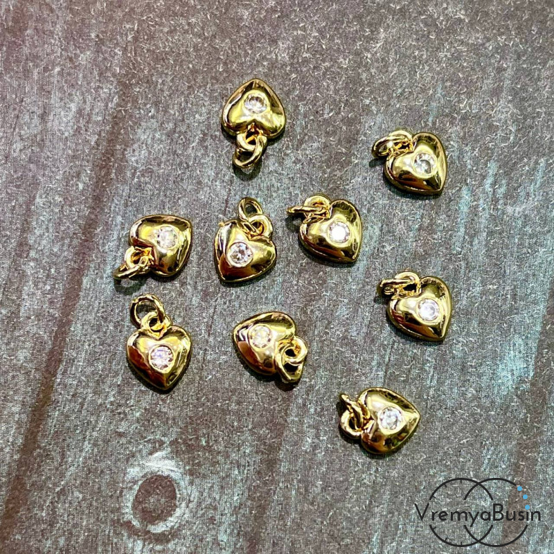 Подвеска "Сердце", 7х8 мм, из латуни с позолотой и фианитами (1 шт.)