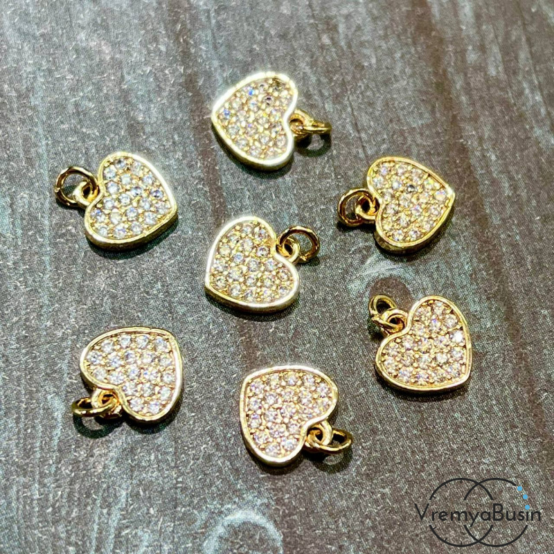 Подвеска из латуни "Сердце", 9х10 мм, с позолотой и фианитами (1 шт.)