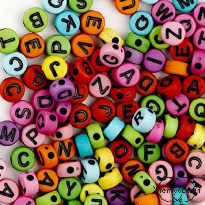 Бусины акриловые с буквами, круглые 7 мм, латинский алфавит (упак. 500 гр.)
