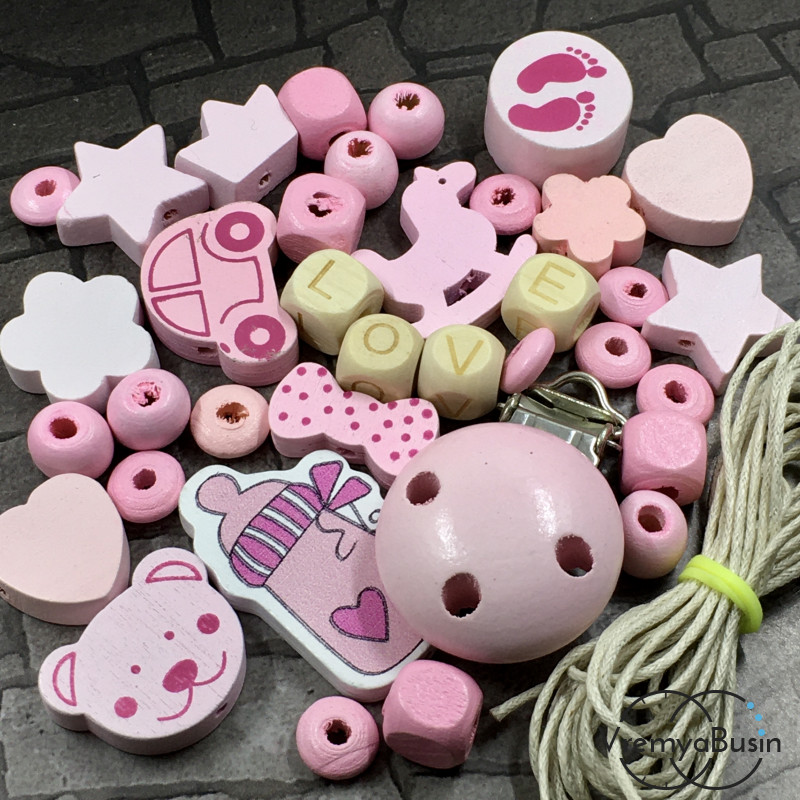 Набор деревянных бусин + клипса для соски, цв. розовый (упак. ок. 35 шт.)