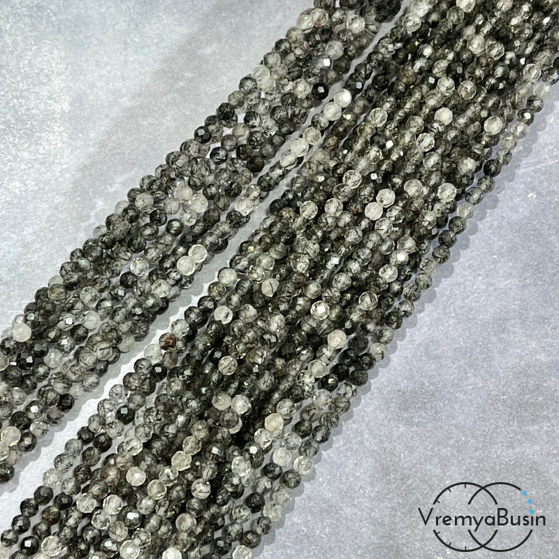 Рутиловый кварц, серый волосатик, самые мелкие граненые бусины из камня, 3 мм ААА качество (нить, ок. 40 см.)