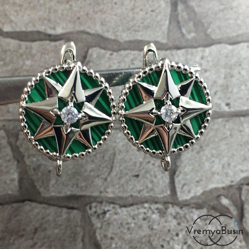 Швензы со вставкой из малахита (имит.), латунь с родиевым покрытием (1 пара)