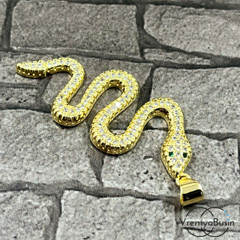 Подвеска "Змея", 18х45 мм, из латуни с позолотой и фианитами (1 шт.)