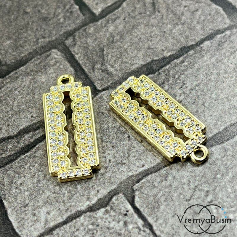 Подвеска "Лезвие", 9х20 мм, из латуни с позолотой и фианитами (1 шт.)